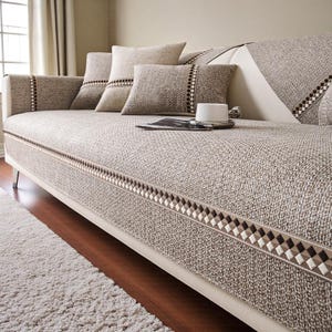 Puede incluir: Un sofá beige con varios cojines a juego. El sofá tiene una tela texturizada con un ribete decorativo. Una alfombra blanca y un suelo de madera son visibles en primer plano. Una bandeja con una taza y un platillo está sobre el sofá.