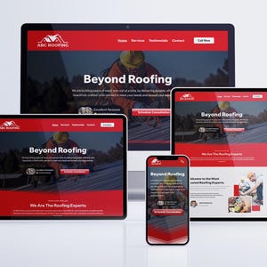 Responsive website template for ABC Roofing built on Wix Studio, displayed across desktop, tablet, and mobile devices to showcase seamless design adaptability. The template includes a bold call-to-action, professional service sections, and a clean layout that provides an exceptional user experience across all screen sizes. Perfect for roofing companies targeting a mobile-first audience.