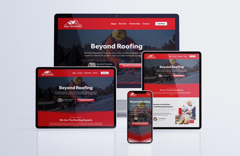 Responsive website template for ABC Roofing built on Wix Studio, displayed across desktop, tablet, and mobile devices to showcase seamless design adaptability. The template includes a bold call-to-action, professional service sections, and a clean layout that provides an exceptional user experience across all screen sizes. Perfect for roofing companies targeting a mobile-first audience.