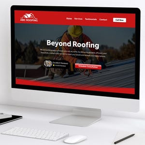 ABC Roofing homepage displayed on a desktop computer, created using Wix Studio with a strong focus on lead generation and professional branding. The template includes a high-impact hero image, excellent review badge, and a prominent 'Schedule Consultation' button. Designed to instill trust and clearly communicate services to potential clients looking for roofing experts online.
