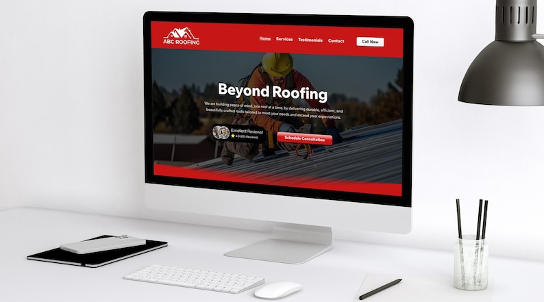 ABC Roofing homepage displayed on a desktop computer, created using Wix Studio with a strong focus on lead generation and professional branding. The template includes a high-impact hero image, excellent review badge, and a prominent 'Schedule Consultation' button. Designed to instill trust and clearly communicate services to potential clients looking for roofing experts online.