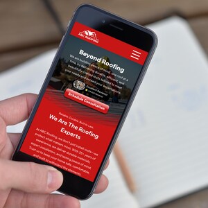 Mobile version of the ABC Roofing Wix Studio website template, showcasing a clear call-to-action, streamlined layout, and bold red branding. Designed for excellent usability on smartphones, this layout supports high-converting mobile traffic, enabling roofing companies to capture leads, display services, and reinforce trust with potential clients right from their mobile devices.