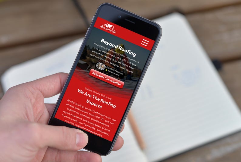 Mobile version of the ABC Roofing Wix Studio website template, showcasing a clear call-to-action, streamlined layout, and bold red branding. Designed for excellent usability on smartphones, this layout supports high-converting mobile traffic, enabling roofing companies to capture leads, display services, and reinforce trust with potential clients right from their mobile devices.