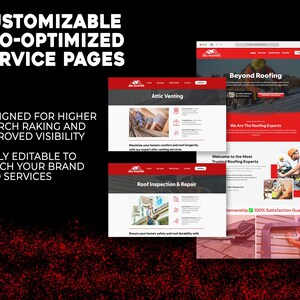 SEO-optimized roofing service pages from the ABC Roofing template built with Wix Studio, showcasing attic venting and roof inspection services. Each page is crafted for better search rankings and visibility, with pre-written content that can be fully customized to match a company’s voice. These sections help roofing contractors rank for specific services while delivering value to homeowners.