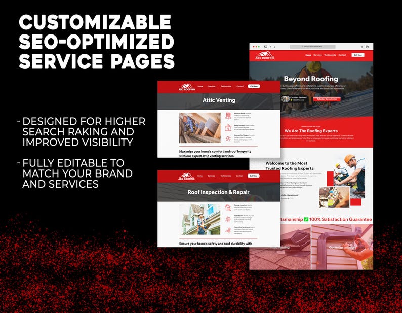 SEO-optimized roofing service pages from the ABC Roofing template built with Wix Studio, showcasing attic venting and roof inspection services. Each page is crafted for better search rankings and visibility, with pre-written content that can be fully customized to match a company’s voice. These sections help roofing contractors rank for specific services while delivering value to homeowners.