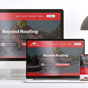 Responsive web design for ABC Roofing template built on Wix Studio, displayed on desktop, laptop, and mobile devices. This mockup showcases the consistent branding, easy navigation, and strong user interface across all platforms. Built for roofing professionals who need a trustworthy, SEO-friendly online presence that delivers results regardless of how clients browse the web.