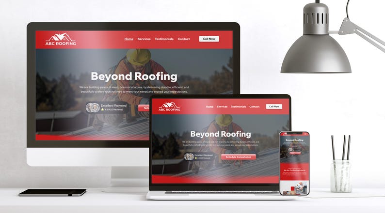 Responsive web design for ABC Roofing template built on Wix Studio, displayed on desktop, laptop, and mobile devices. This mockup showcases the consistent branding, easy navigation, and strong user interface across all platforms. Built for roofing professionals who need a trustworthy, SEO-friendly online presence that delivers results regardless of how clients browse the web.