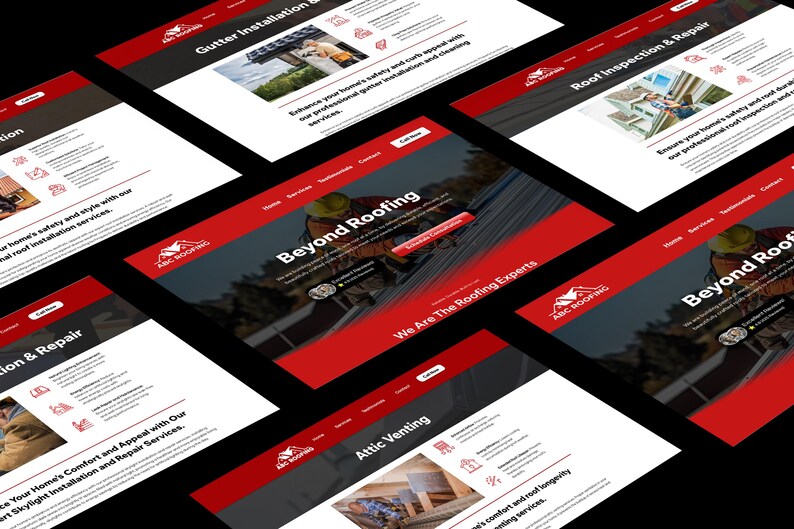 Preview of various roofing service pages included in the ABC Roofing website template, built with Wix Studio. These pages cover everything from attic venting and skylight installation to gutter services, all designed with SEO optimization and clear content structure. Ideal for roofing contractors who want to boost their local search presence and provide customers with detailed service info.