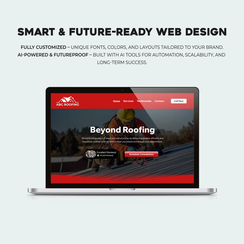 Future-ready and fully customizable web design for ABC Roofing built on Wix Studio, featuring a smart, AI-powered layout. Includes unique fonts, colors, and layouts tailored to roofing brands. Perfect for businesses looking for scalable, long-term web solutions that combine modern aesthetics with automation and SEO-readiness for success in a competitive digital marketplace.