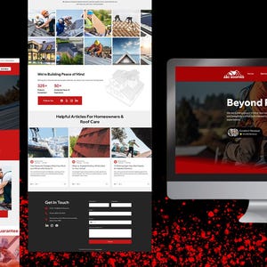 Full-page mockup of the ABC Roofing Wix Studio template highlighting service areas, completed project photos, blog article previews, and a detailed contact form. Built for roofers who want to improve their online visibility and customer engagement, this template is optimized for SEO, trust-building content, and strategic call-to-actions that help convert site visitors into leads.