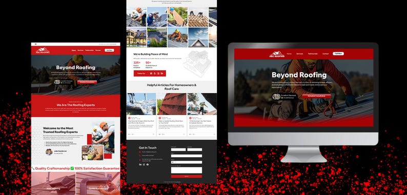 Full-page mockup of the ABC Roofing Wix Studio template highlighting service areas, completed project photos, blog article previews, and a detailed contact form. Built for roofers who want to improve their online visibility and customer engagement, this template is optimized for SEO, trust-building content, and strategic call-to-actions that help convert site visitors into leads.