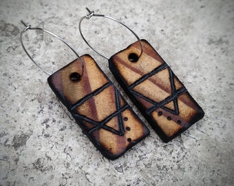 EARTH element earrings - Hand-burned Salvaged Wood - standard or gauge