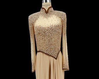Vintage Stephen Yearick Couture avondjurk met parelkralen, formele jurk met champagnekralen, luxe jurk met hoge hals uit de jaren 80 en 90