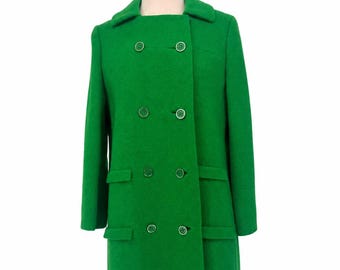 Vintage Emerald Green Bouclé Wool Coat//Double Breasted Mod Classic Jacket, Mid-Century Elegance (Sz M)