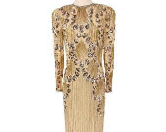 Vintage Nude Gold Perlen Pailletten Kleid, Luxe Glam Abendkleid, Art Deco inspiriertes formelles Kleid, altes Hollywood Cocktailkleid | Größe 6