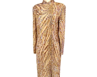 Vintage Nude Gold Perlen Pailletten Kleid, irisierendes Couture Abendkleid, Altes Hollywood Glam Maxi Kleid, Trophy Glam Kleid | Größe 6