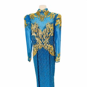 gold dress illusion blue and yellow Vintage Turquoise Beaded Pageant Gown, Appliqué Evening Dress, Back Formal Gown, 80s Statement (sz 14) DESIGNERS/AIDAN MATTOX Kennedy Blue Ella Bridesmaid Color:Custom color