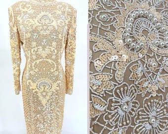 Vintage avondjurk met zwarte stropdas kralen pailletten, champagne ivoor formele jurk, hoge hals glamour jurk met lange mouwen, optocht galabruiloft