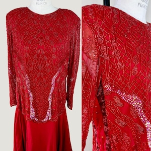 Size L//Red Chiffon Skirt with Heavily Sequin Top//Vintage Red Sequin Formal Dress
