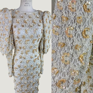 Size 10//Vintage Designer Ivory Pearl Beaded Gown//Hand-Beaded Pearl & Sequin Embellished Lace Column Dress//Couture Puff Sleeve Wedding
