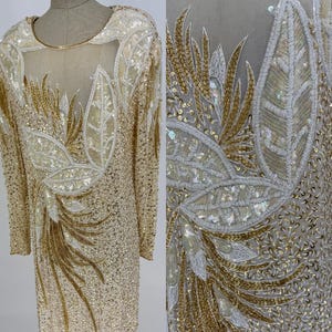 Size L//Vintage 80s Ivory & Gold Beaded Sequin Gown//Art Deco Leaf Motif with Sheer Illusion Bodice//Vintage Bridal Formal Dress