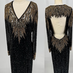 Size 14//80s Glam Evening Dress with Open Back//Beaded Sequin Starburst Wiggle Dress