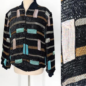 Vintage Pailletten-Bomberjacke mit Perlenbesatz, abstrakte geometrische Reißverschlussjacke im 80er-Jahre-Stil, schwarzer Statement-Glamour-Mantel (Größe L)