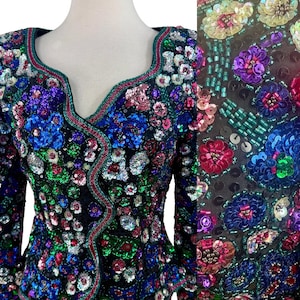 Size S//Vintage Sequin Floral Jacket//Vibrant Multicolor Beaded Blazer//Heavily Beaded Jacket