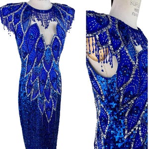 Talla L // Vestido Art Déco con lentejuelas azul rey, flecos y cuentas de pavo real // Vestido estilo Gatsby con estilo llamativo
