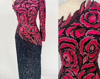 Vintage avondjurk met één schouder, kralen en pailletten, zwart met roze bloemenprint, jaren 80 couture cocktailjurk, galajurk voor missverkiezingen (maat 6)