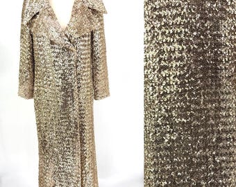 Abrigo de ópera vintage con lentejuelas doradas, chaqueta de noche larga color champán de los años 60 (talla 10)