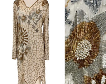 Vintage couture jurk met handgeborduurde kralen, zijden cocktailjurk met bloemen, parels en kraaltjes, luxe vintage art deco jurk (maat M)