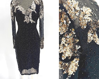 Vintage zwarte jurk met kralen en pailletten, met mouwen met gouden en zilveren illusie-effect, jaren 80 feestjurk (maat 12)