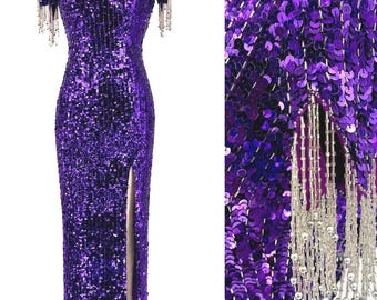 Vintage paarse avondjurk met pailletten, formele jurk met kralenfranjes, glamourjurk in oude Hollywood-stijl, cocktailjurk voor gala of schoolbal (maat 6)