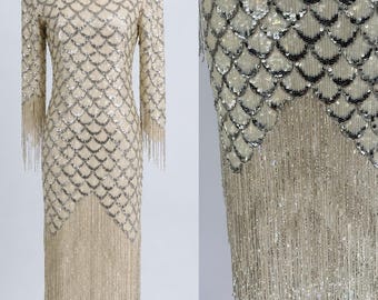 Vintage Ivory Silver Sequin Fringe Gown, Beaded Art Deco Evening Dress (Sz M)