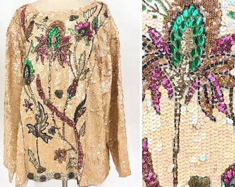 Vintage top met pailletten en bloemenprint, handgeborduurde blouse met botanische details, zijden blouse met pailletten uit de jaren 80, opvallende top voor een avondfeest (maat XS XL)