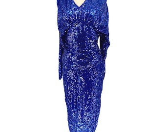 Vintage Blaues Pailletten Blouson Kleid, Pfauenblaues Gerafftes Cocktailkleid, Schimmerndes Perlen Partykleid, Saks Fifth Ave (Gr. 8)