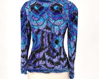 Black Tie Vintage Sequin Top, Blue Purple Beaded Floral Evening Blouse, Glam Statement Top (Sz S)