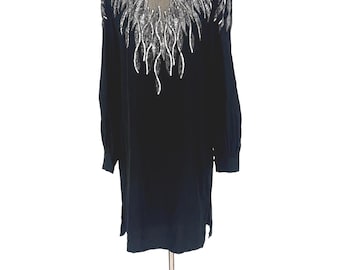 Vintage Argenti Seide Schwarze Perlen Kleid, Schiere Hals Silber Pailletten Abendkleid, Art Deco Cocktailkleid (Gr. 6)