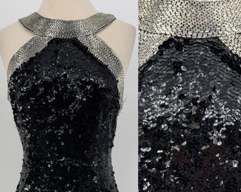 Size 8//80s Metallic Halter Black Sequin Mini Dress//Party Glam Sparkle