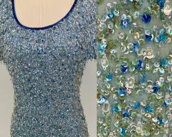 Sz 12//Vintage Baby Blue Beaded Dress with Clear Teardrop Dangle Beads//Sparkle Fringe Mini Party Dress •