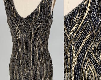 Size 6//Vintage Gray and Gold Sequin Cocktail Dress//Art Deco Glam Sleeveless Dress