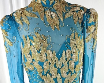 Sz 14//Dazzling Vintage Teal & Gold Beaded Evening Gown//Sheer Long Sleeve Sequin Formal Dress with Intricate Beading