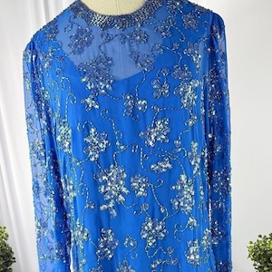 Size 18//Royal Blue Sequin and Beaded Mother of the Bride Dress//Vintage Sequin Top and Chiffon Skirt//Drop Waist
