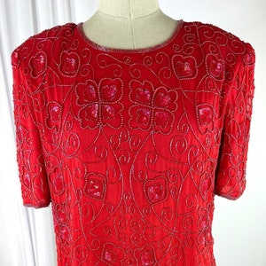 Size XL//Red Sequin Beaded Party Dress//Short Sleeve Vintage Special Event Dress