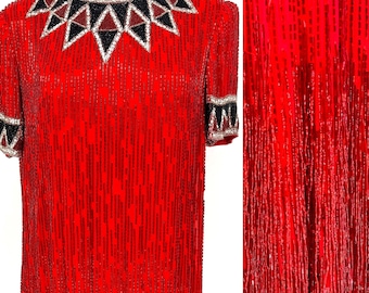 Size 8//Rare Red Bob Mackie Dress//Vintage Fringe & Beaded Glam Shift Party Dress