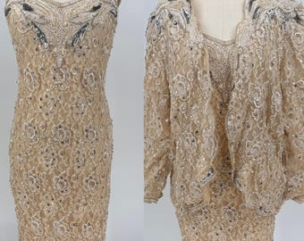 Sz S//Vintage Judith Ann Beaded Dress & Jacket Set//New With Tags | Champagne Sequin Lace Cocktail Dress//Vintage Bridal Set