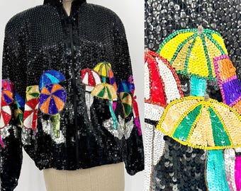 Sz M//Vintage Modi Black Sequin Jacket with Rainbow Umbrellas//Rare Collectible Statement Piece//80s Glam Jacket