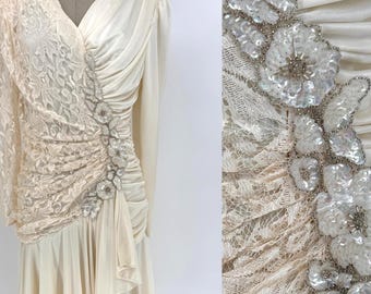 Sz 8//Vintage Ivory Lace & Satin Dress//Beaded Floral Romantic Bridal Reception Dress//80s Glam Cocktail Dress
