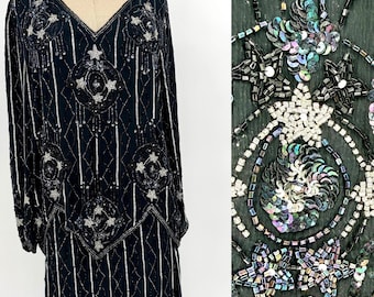 Sz L//Midnight Glam Vintage Judith Ann Beaded Two-Piece Set//Starburst Sequin Top & Skirt//Black and Silver Art Deco Ensemble